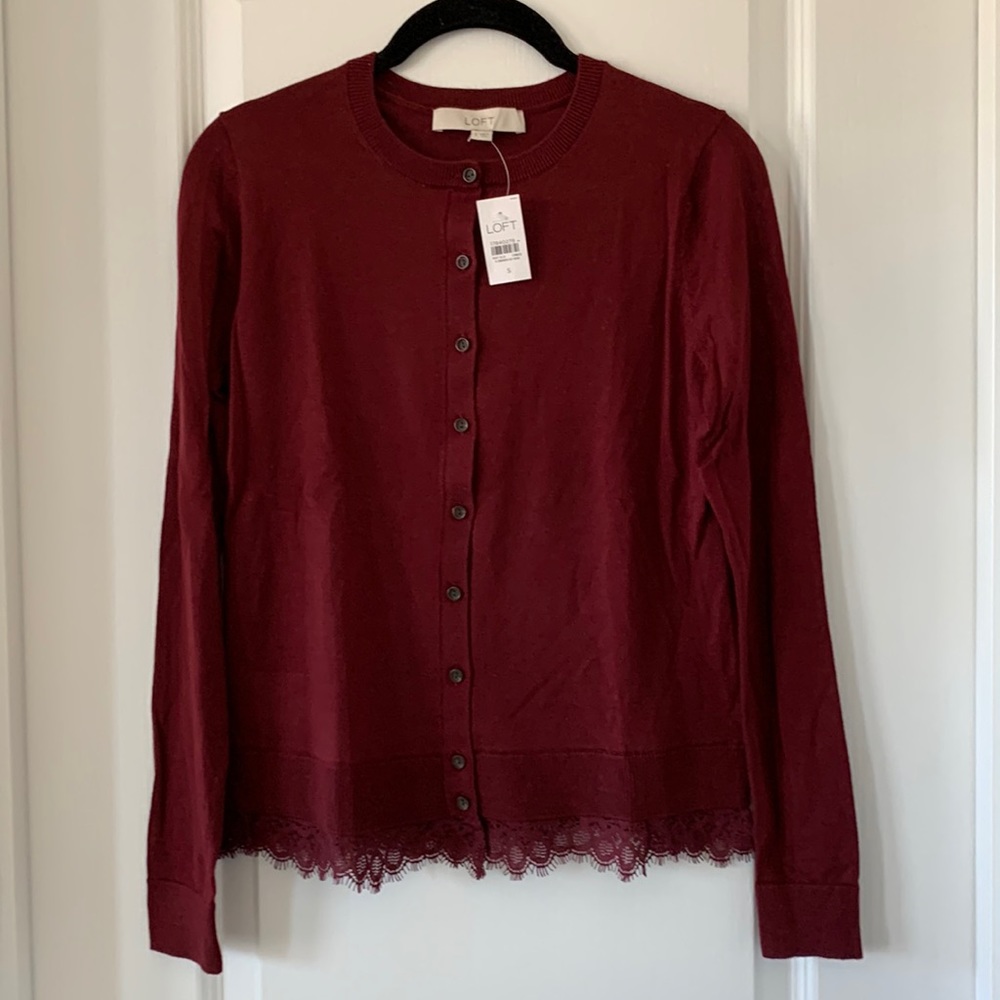 NWT LOFT Lace Hem Crewneck Cardigan Red Sweater Size S